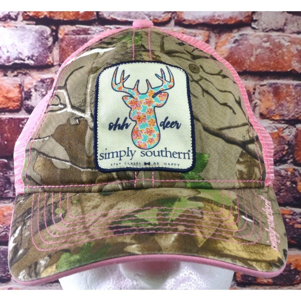 Simply Southern Womens Pink Mesh Trucker Hat Camo Deer Patch Adjustable